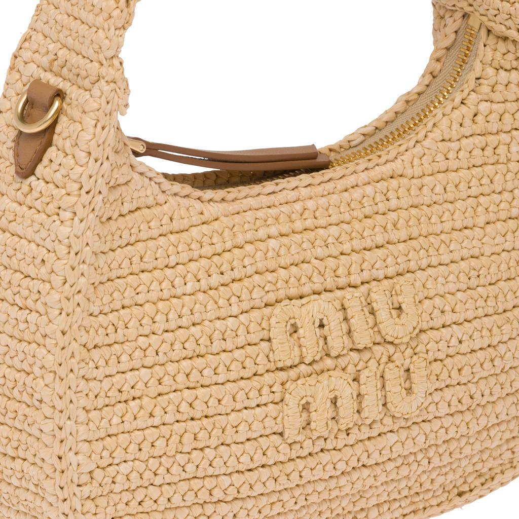 Miu Miu Wander Series Fashion Simple Embroidered Logo Zipper Closure Crochet Woven Fabric Hobo Bag Women bags Beige 5BC125_2F73_F0018_V_OOO