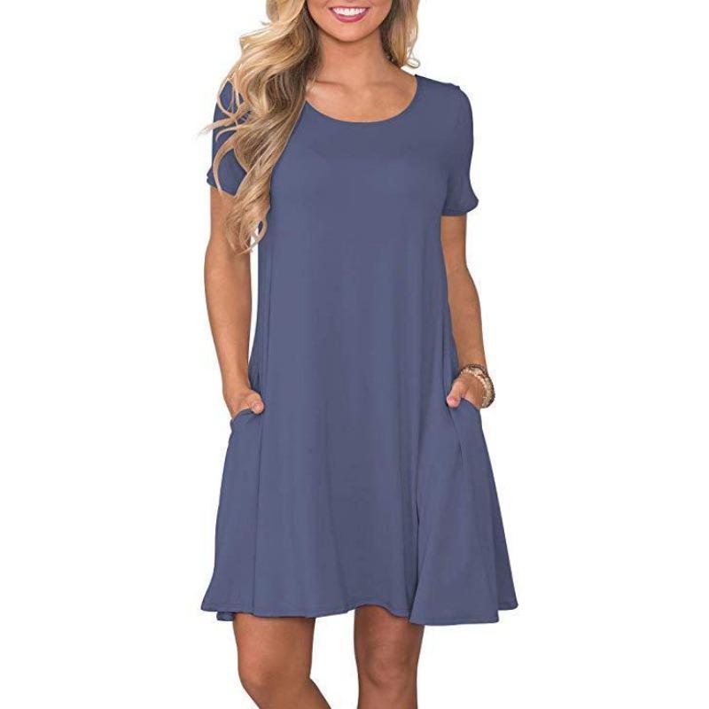 European And American New Round Neck Solid Color Casual Pocket Short Sleeve Big Pendulum Dress Women'S Clothing
