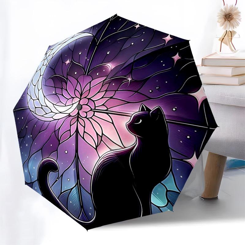

1pc Stained Glass Cat Moon Outdoor Umbrella - Automatic Opening/Closing, Portable Tri-Fold Design, 8-Rib Iron Frame, Festival Gift for Fans, Travelers