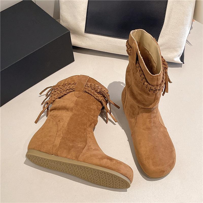 Women's Short Boots New Vintage Suede Casual Ankle Botas Women Solid Tassel Flat Bottom Females Shoes Botas Mujer