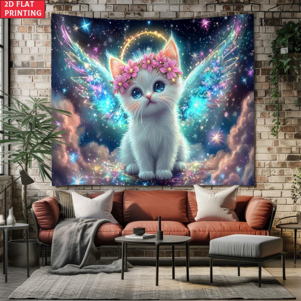 Jmg Household Supplies Unisex Cute Angel Cat With Wings Galaxy Stars Wall Tapestry Fantasy Kitten Decor 2D Flat Printing