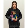 Happy Day Colorful Art Letter Print Washed Sweatshirt Women Casual Loose Pullover Crewneck Streetwear Cotton Clothes