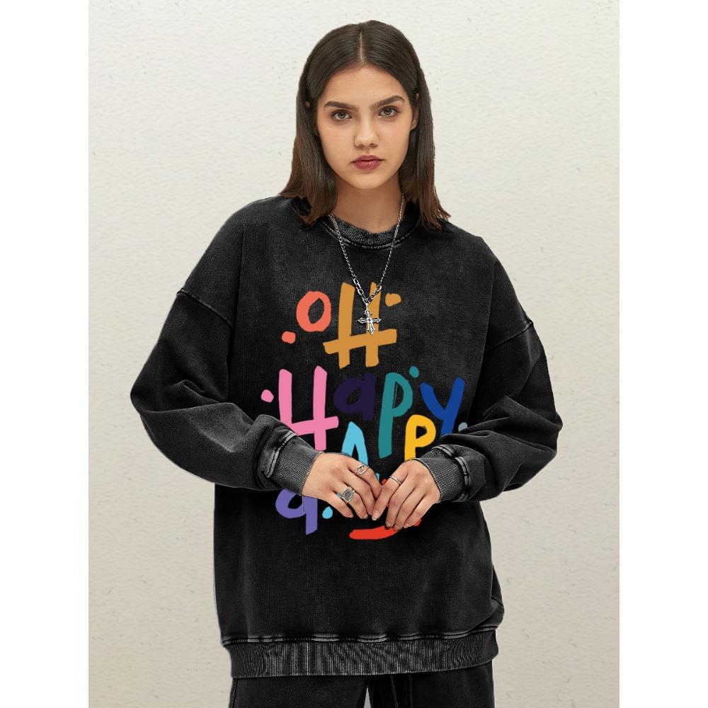Happy Day Colorful Art Letter Print Washed Sweatshirt Women Casual Loose Pullover Crewneck Streetwear Cotton Clothes