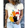 Europäische Größen Damen Katze Familienporträt Print T-Shirt | Rundhalsausschnitt Kurzarm, Weicher Atmungsaktiver Stoff