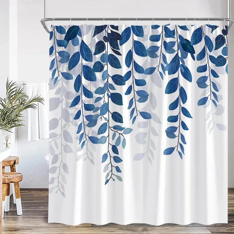 Blue Leaf Watercolor Plant Shower Curtain Modern Minimalist Home Bathroom Decorative Fabric Shower Curtain with Hook