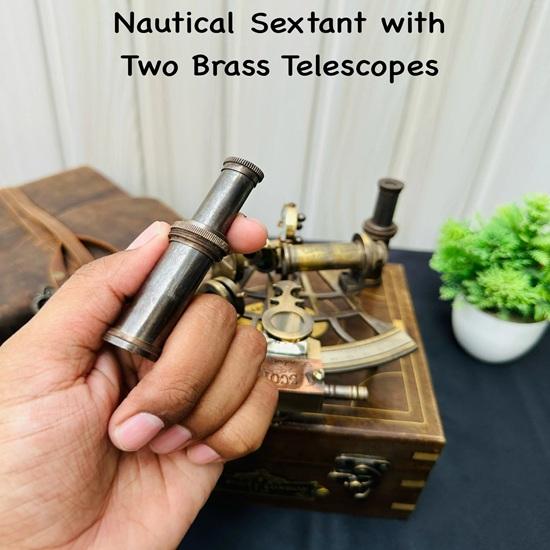 Nautical Brass Working 12.7 Cm Sextant With Two Telescope, Maritime Navigational Instrument With Wooden Box Christmas Fathers Gift