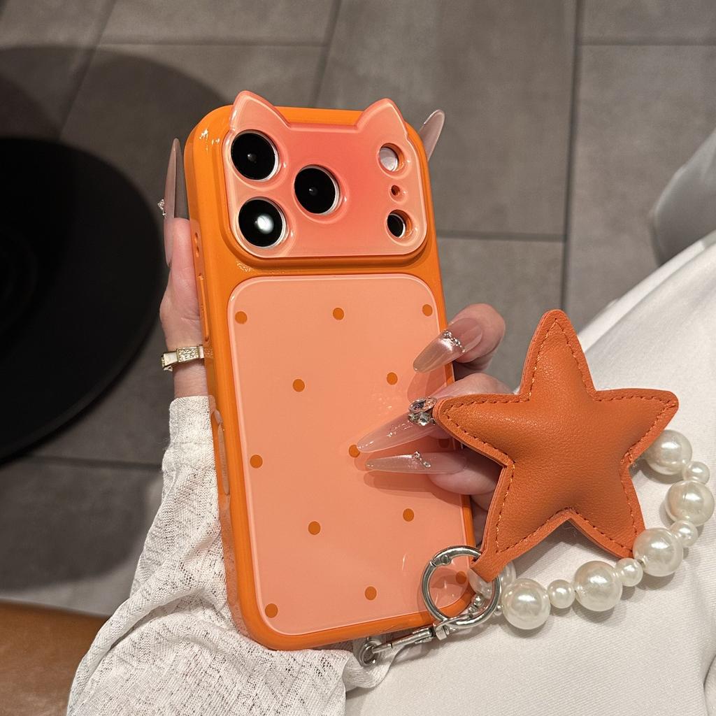 Girl powder is suitable for contrasting color polka dots Apple 17promax mobile phone case cat ears 14PM with lanyard iPhone16