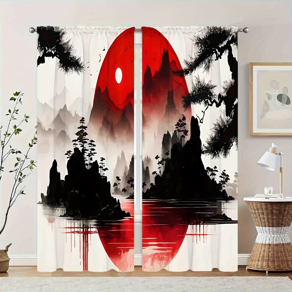 2pcs Semi-Blackout Curtain Japanese Landscape & Torii Gate Design Polyester Woven Contemporary Style Machine Washable Rod Pocket