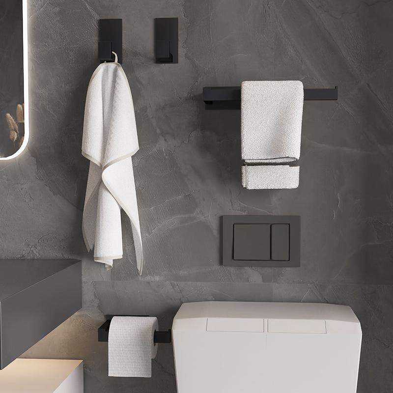 Czarny zestaw akcesoriów łazienkowych Samoprzylepny, wieszak na ręczniki, wieszak na ręczniki, uchwyt na papier, zestaw akcesoriów bez gwoździ