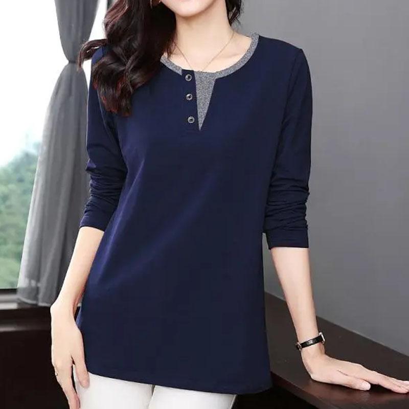 Fashion Casual Solid Color Spliced T-shirt Women's Clothing New Spring All-match Female Loose Round Neck Long Sleeve Tops