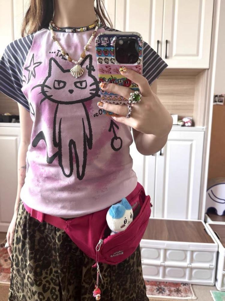 

Японские укороченные футболки в стиле Y2k, женские футболки в полоску в стиле Харадзюку с рисунком кавайи, винтажные футболки с коротким рукавом и принтом котенка M