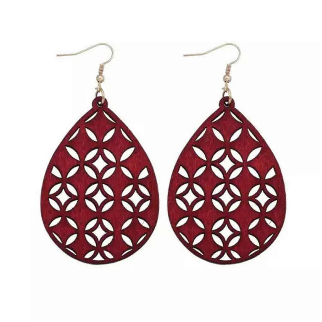RSAMD Wood Hollow Teardrop Wooden Statement Earring for Women Fashion Jewelry-Burgundy