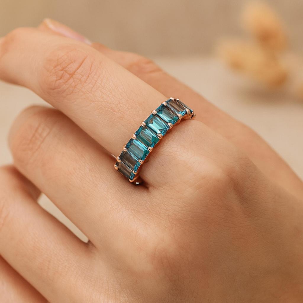 Baguette Cut Topaz Eternity Band Ring – Rose Gold Plated 925 Sterling Silver Stackable Wedding Anniversary Ring - Art Deco Jewelry Gift for her
