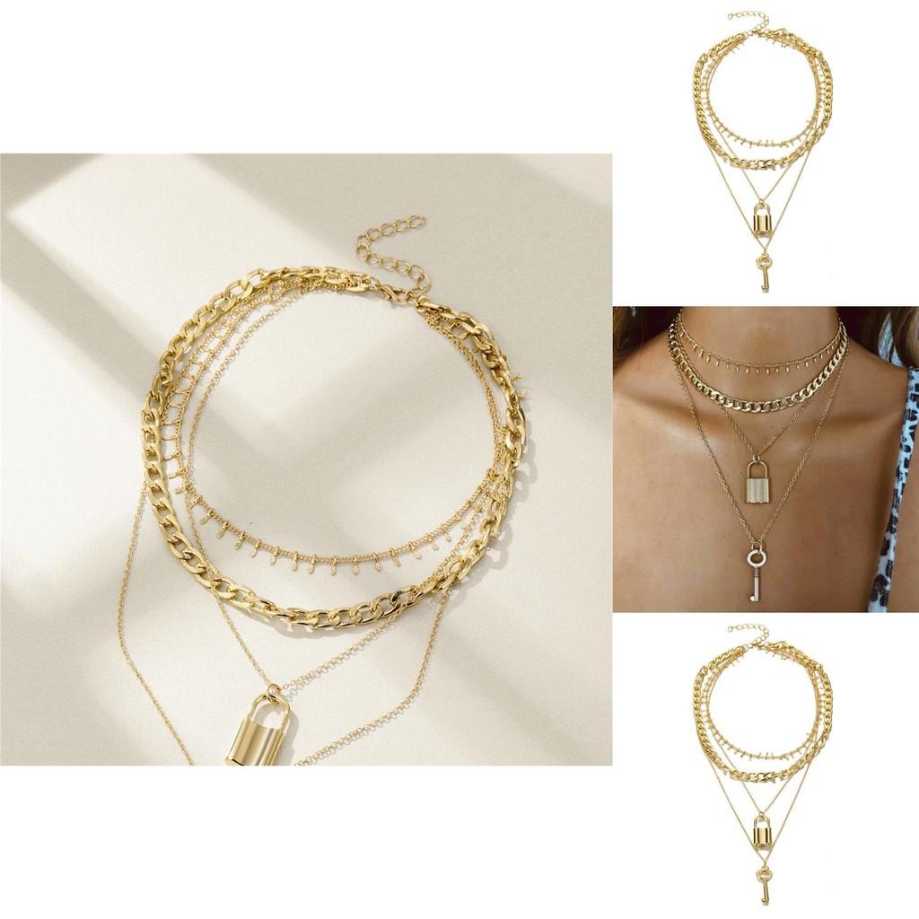 Chic Multi-layer Key Lock Necklace Fashion Forward Geometric Alloy Statement Piece