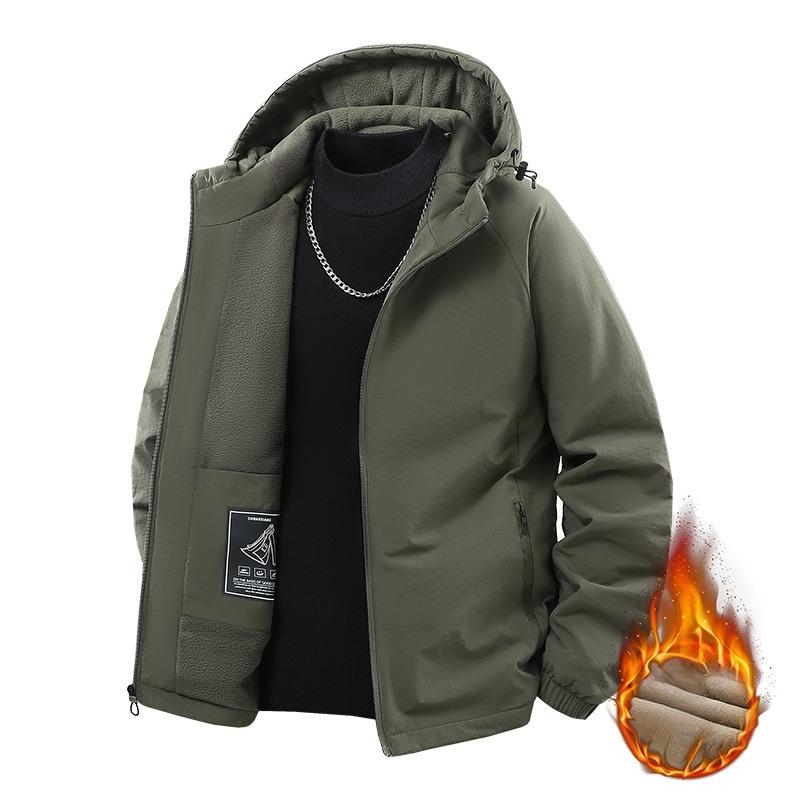 Fleece Thickened Jacket Men's Spring and Autumn and Winter Solid Color Hooded Top Long Sleeve Loose Casual Short Outdoor Clip
