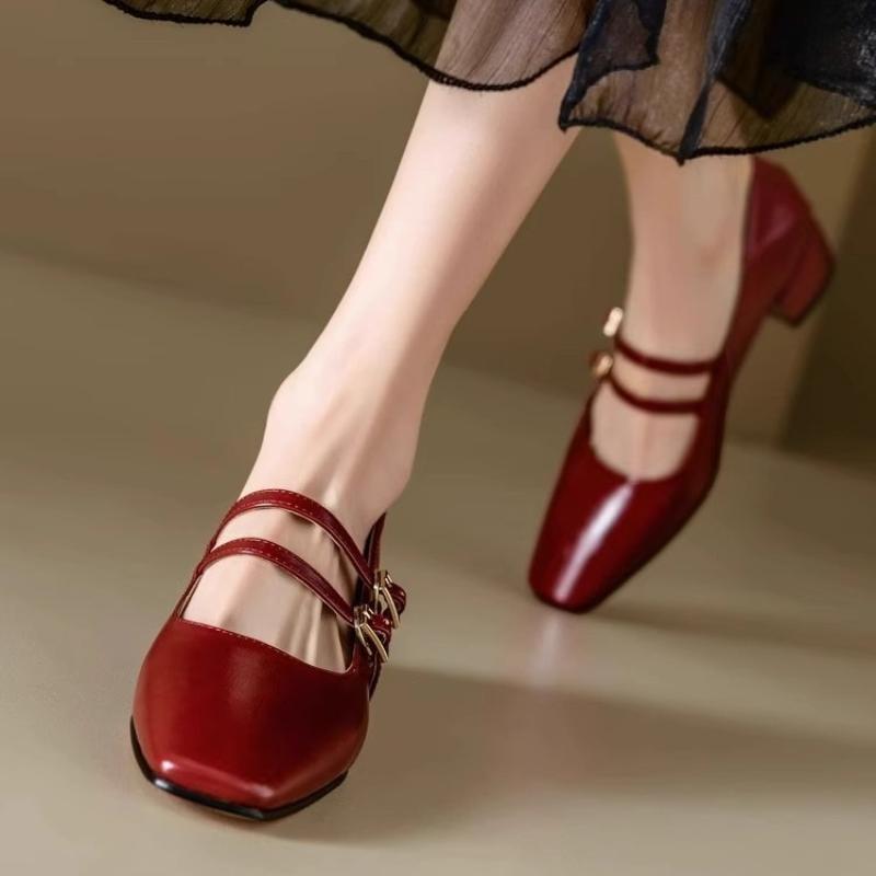 Fashion French Style Leather Mary Jane Shoes Women Sexy Low Square Heel Flats Fashion Double Buckle Strap Design Casual Shoes for Women