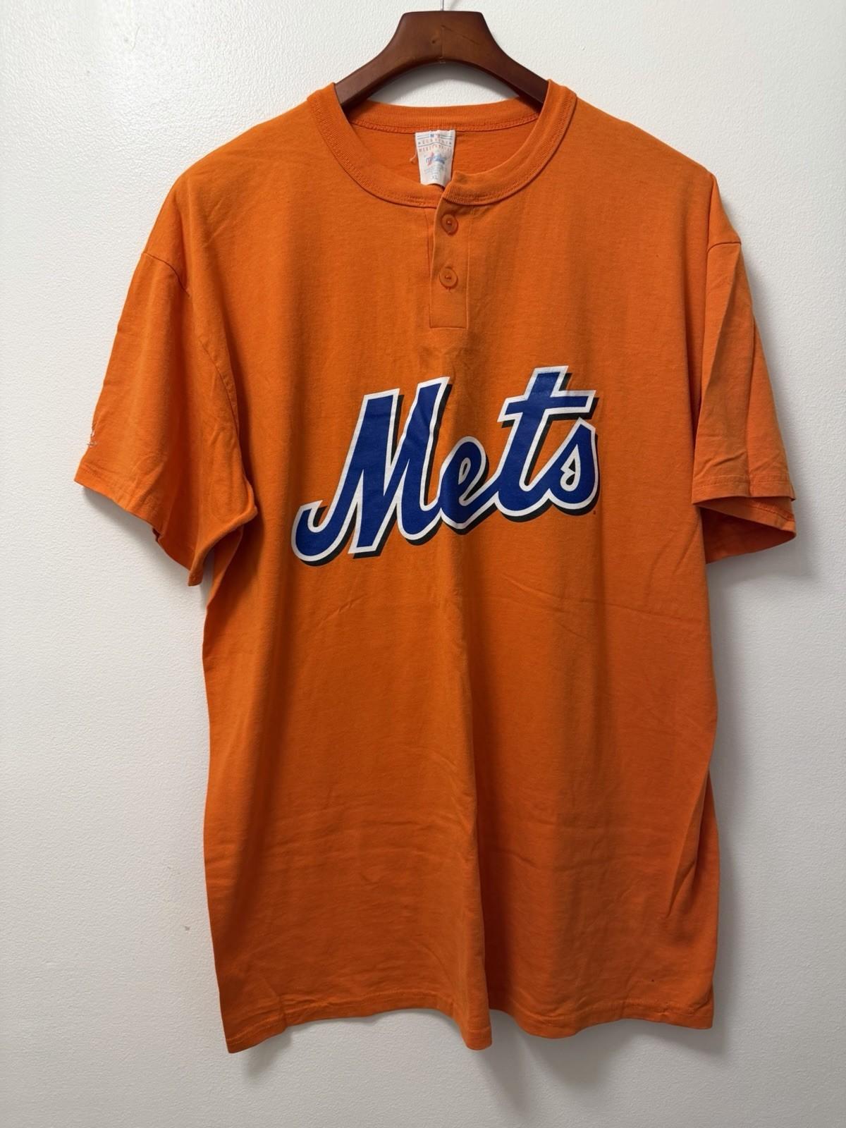 Vintage New York Mets Shirt Mens XL Orange Henley Majestic MLB Baseball 90s Y2K L