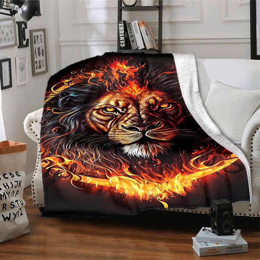 1pc Flame Lion Print Blanket - Lightweight Flannel Throw Blanket For Sofa, Bed, Living Room, Office, Outdoor Travel, Camping, Soft All-Season113