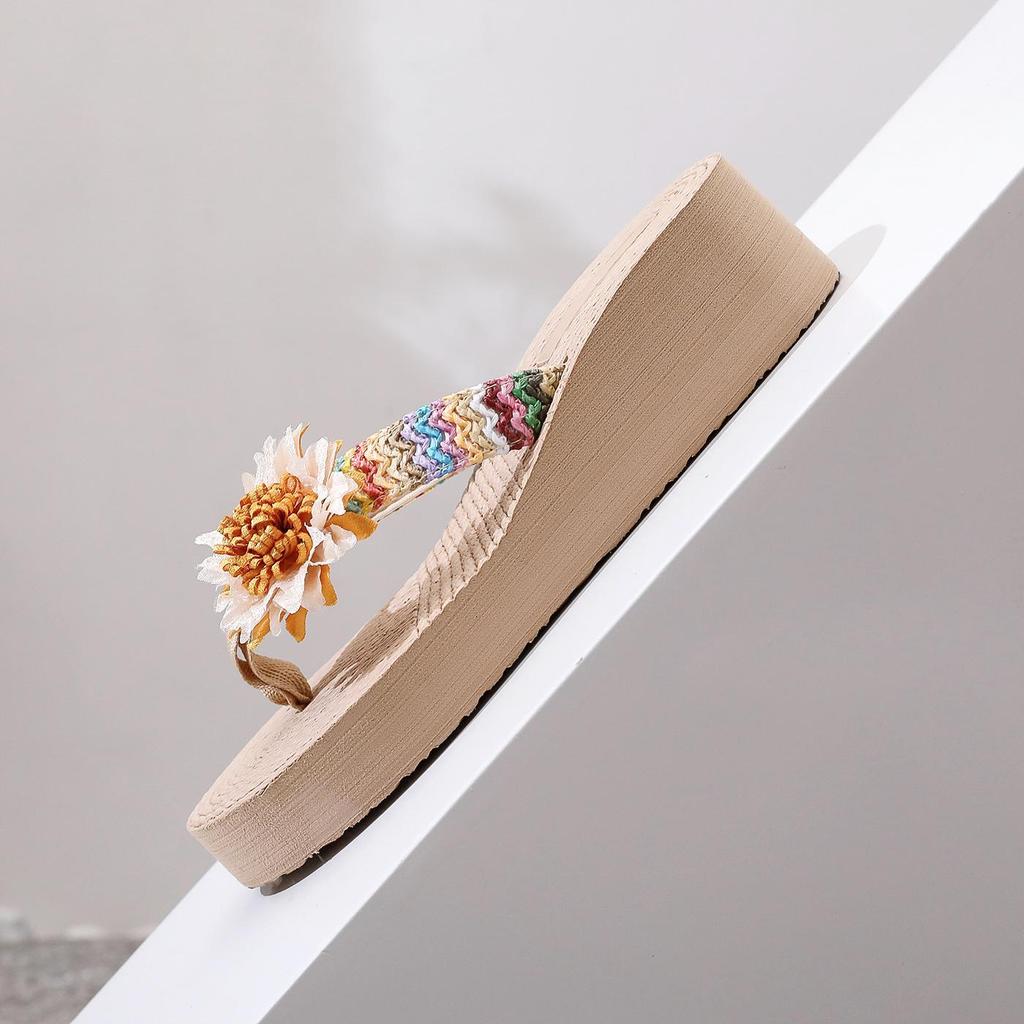 Ethnic Style Imitation Hemp Rope Travel Hemp Sole Sandals Korean Tide Outer Wear Flower Flip-flops Beach High Heels Pinch Feet Women's Slippers