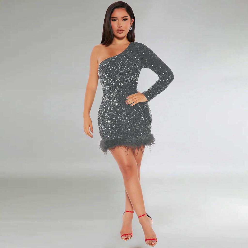 European & American Autumn/Winter Sequin Feather Dress with One-Shoulder Long Sleeve