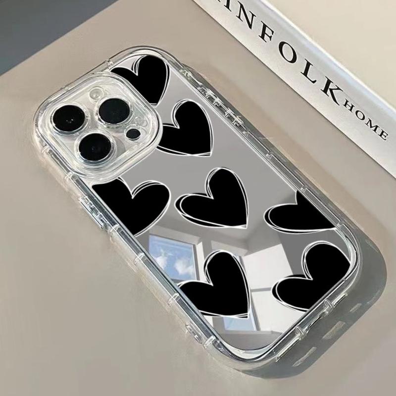 Black Heart Phone Case For iPhone 17 16 15 14 13 12 11 Pro Max 16e 17e XR X XS Max 7 8 Plus Make Up Mirror Shockproof Soft Cover