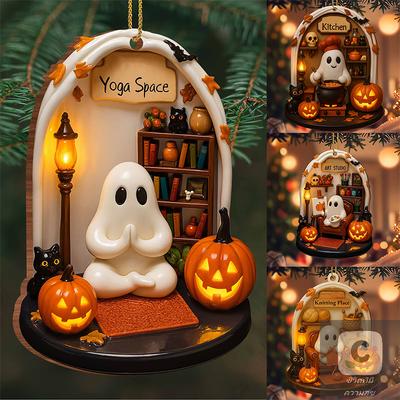 NIEUW 2026 HUA HUA Schattige Lezende Geest Halloween Geest Ornamenten 2D Platte Acryl Hanger Halloween Hangend Huis Decoratie HUA HUA