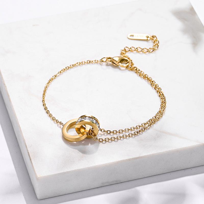 Women's Titanium Steel Double Ring Necklace: Non-Fading, Geometric, Rhinestone Clavicle Chain