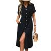 Women's Casual And Fashionable Solid Color V-Neck Pocket Button Drawstring Short Sleeved Dress