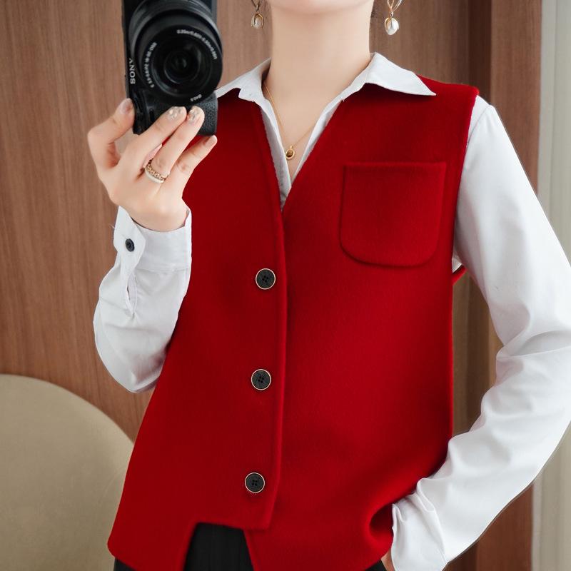 Dámská asymetrická oboustranná vlněná vesta - V-výstřih, bez rukávů, módní kardigan na podzim/zimu