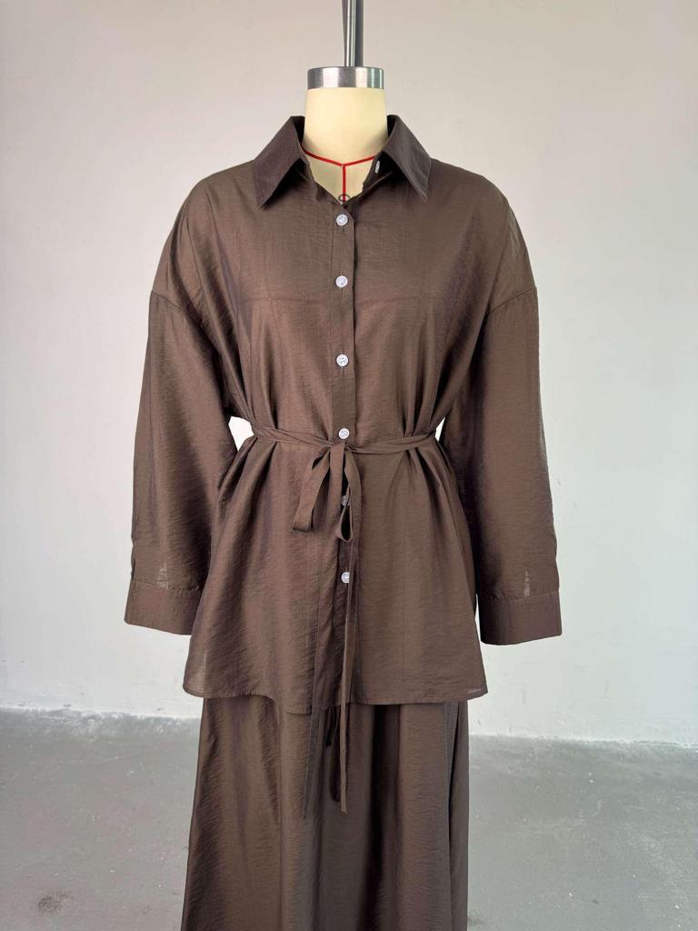 European & American Women's Spring/Summer 2025 Fashion: Loose Turn-down Collar Long-Sleeve Shirt & High-Waist Midi Skirt Set