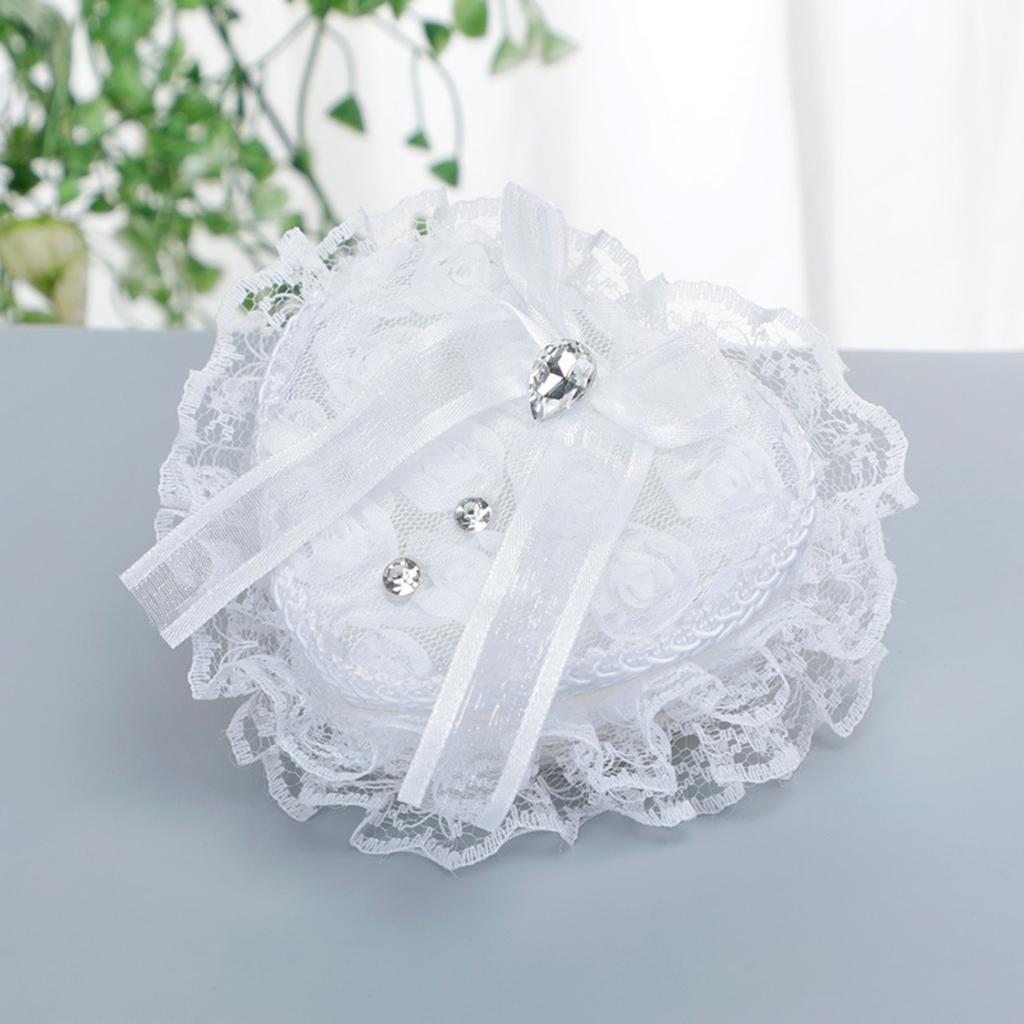 Wedding Ring Pillow Heart Box, White Romantic Lace Pearl Ring Box Holder with Ribbon for Wedding Ceremony Ring Bearer