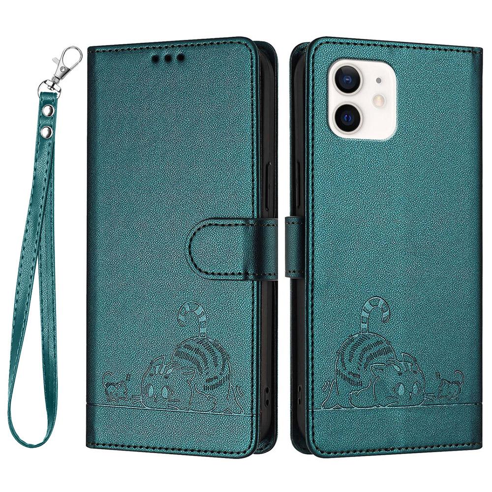 For iPhone 12/12 Pro Case with Strap RFID Blocking Leather Wallet Phone Cover Cat Mouse Pattern