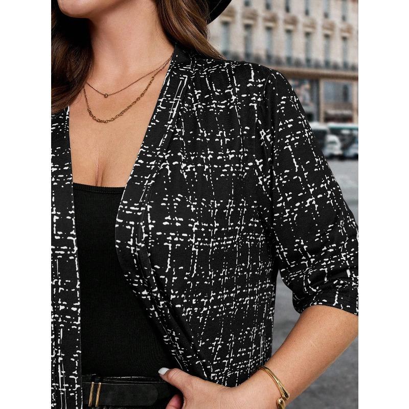 Plus Size Women's Cute Black & White Print Blazer, Lightweight 3/4 Sleeve Open Front Jacket, Super Comfy for Daily & Office Wear