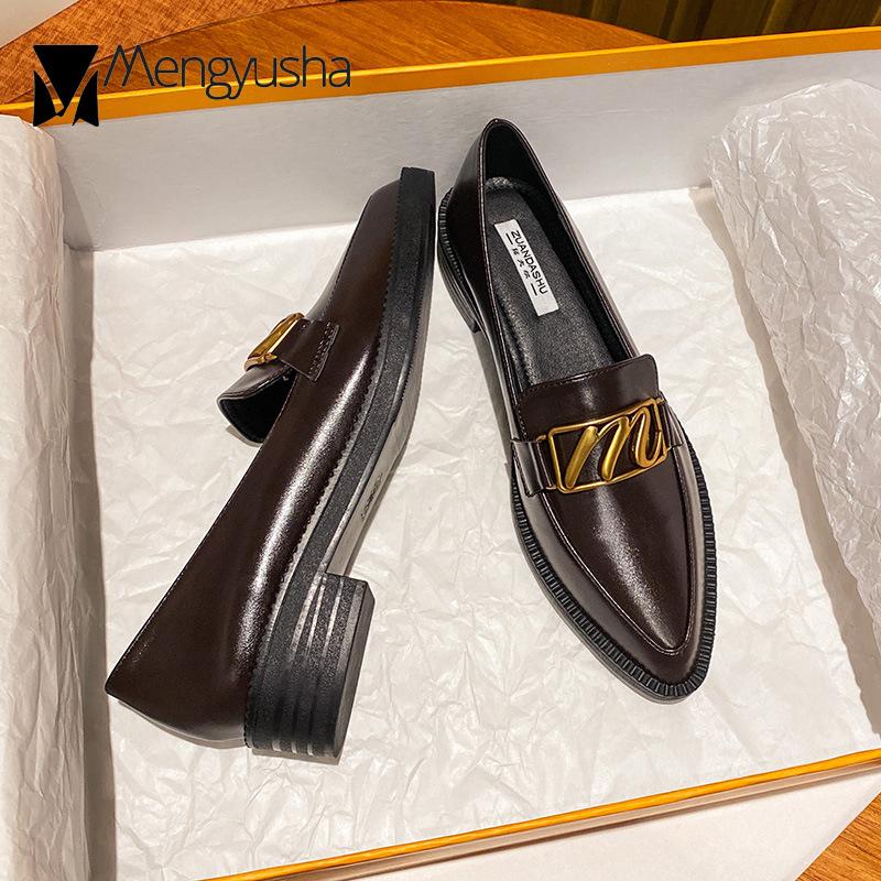 Fashion 2024 Brand Solid Leather Shoes Ladies Casual Oxfords Pointed Toe Flats Women Slip On Thick Heel Sneakers Big Size Spring Loafers