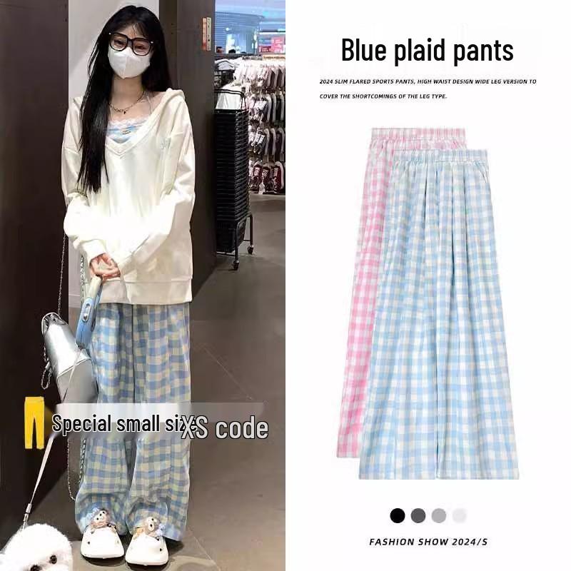 

Korean Style Blue & White Plaid High Waist Wide Leg Summer Pants for Petite Women Triple Extra Large