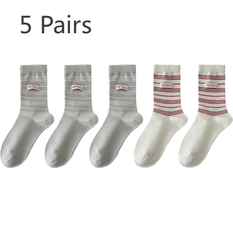 5 Pairs of Women's Casual Versatile Fabric Pinstripe Preppy Sports Tube Stack Socks