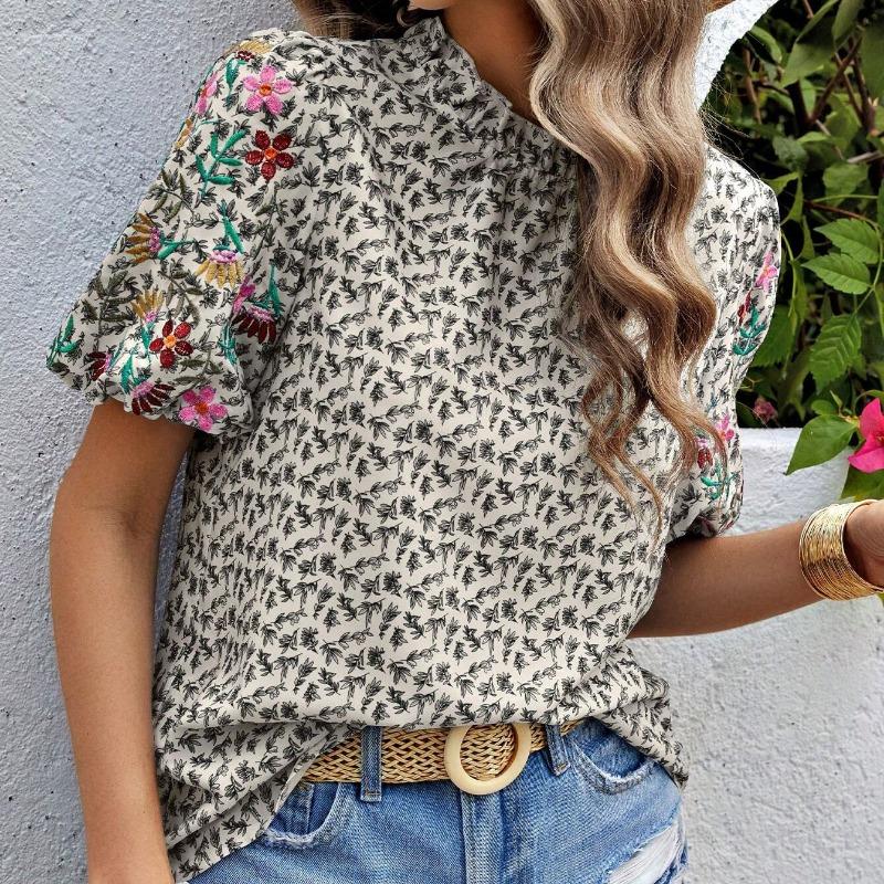 Summer New Embroidered Printed Loose Women's Shirts Short Sleeve Fashion Elegant Blouse Women Tops Stand Collar Slim Fit Shirt Female Clothing 26429