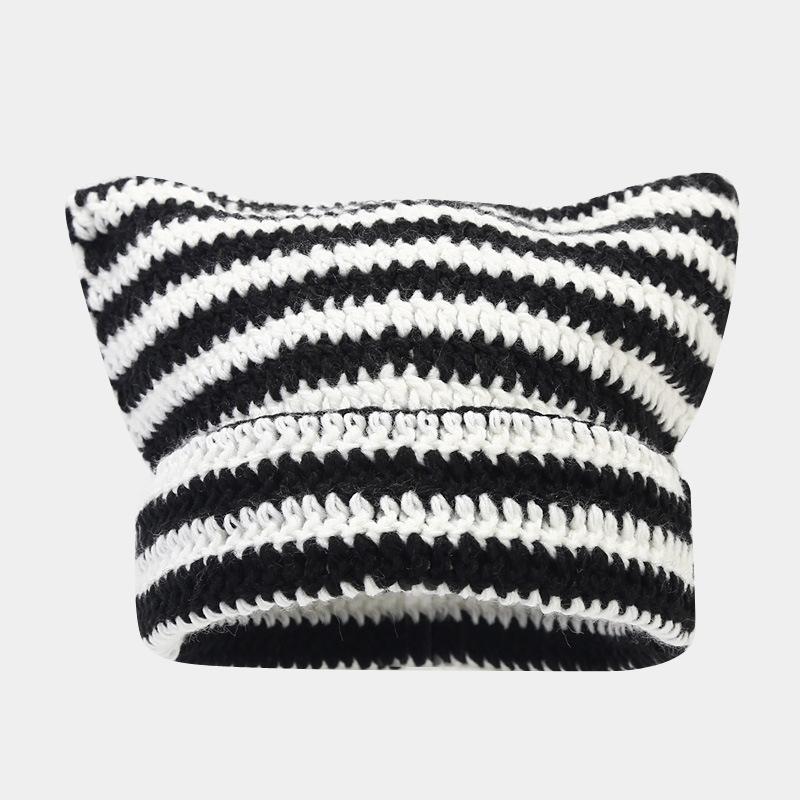 Jacquard Custom Label Patch Embroidery logo Winter Warm Cat Ear Stripe Knit Beanie Hat With Ear