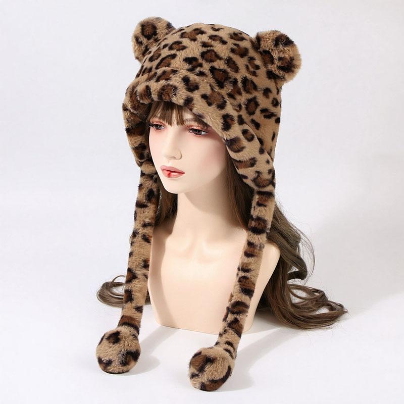 Star Leopard Print Plush Lei Feng Hat Women's Autumn and Winter Thickened Cold-proof and Warm Ear Protection Hat Cute Bear Headhat