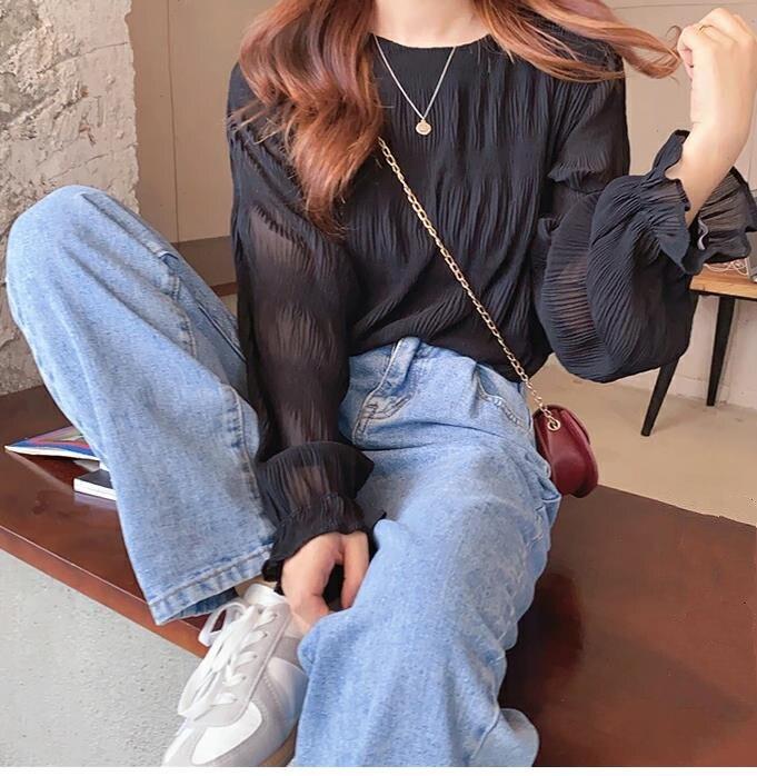 Koreansk mote Sommer Enkel bluse Kvinner 2023 Plisséskjorte Elegante topper Løse klær med lange ermer Solide klær Blusas 27035