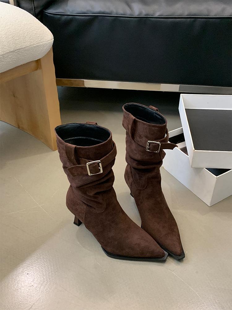 Spice Girl Pointed Head Belt Buckle Short Boots Femininity Stiletto Boots Suede Medium Tube Thin Boots Women