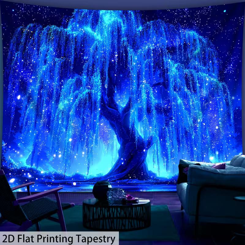 

2D Blue Glowing Tree of Life Tapestry Starry Forest Print Wall Hanging for Bedroom 47.2x31.5inch/120*80cm