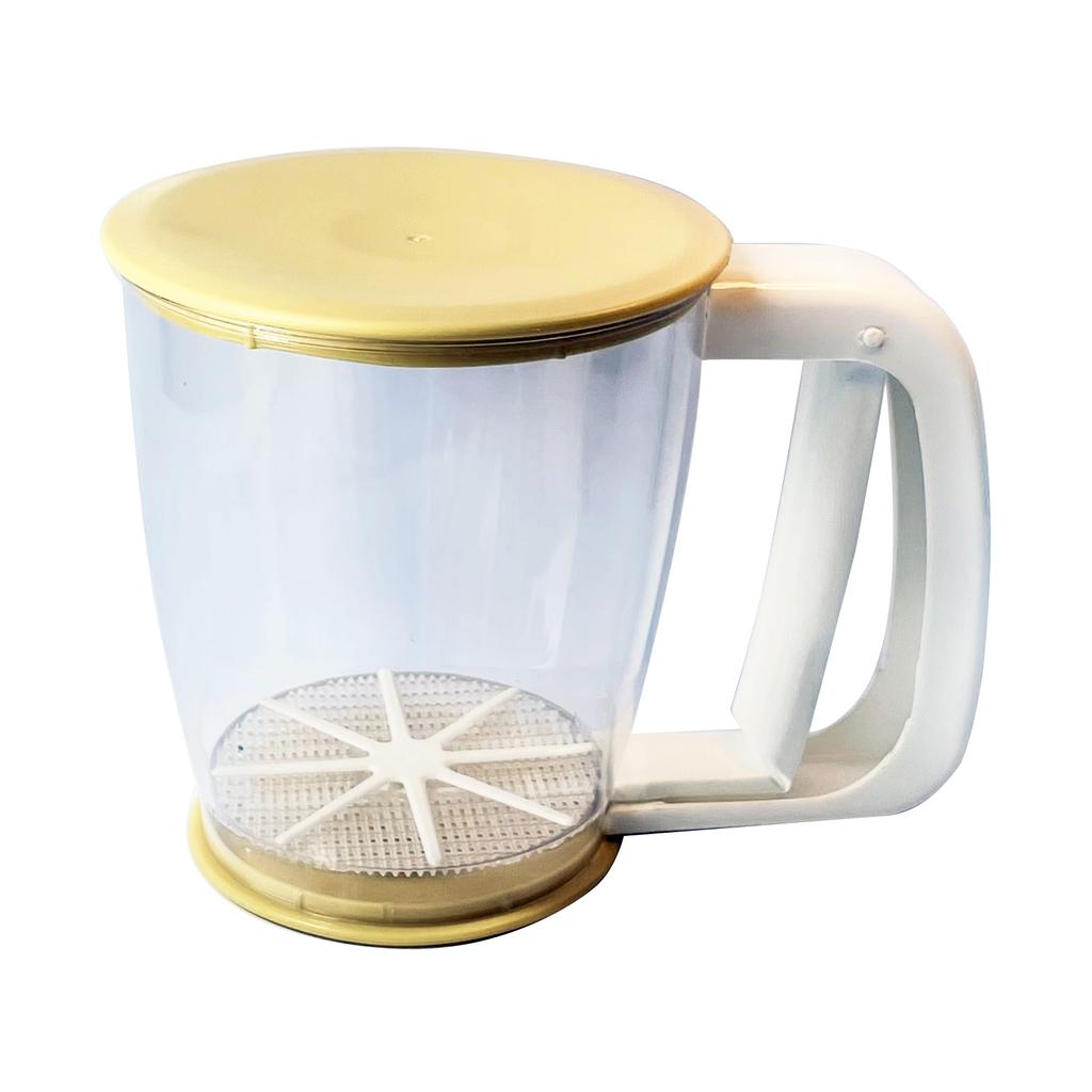 Kunststoff Halbautomatisches Mehlsieb Handbecher Mehlsieb Sieb Pulver Mesh Sieb Backzubehör Werkzeuge mit Deckel