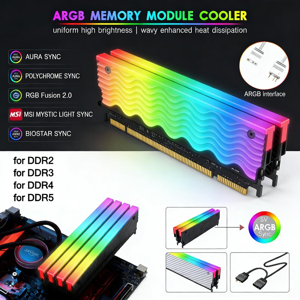 5V 3PIN ARGB DDR Memory RAM Cooler Aura Sync Memory Heat Sink with Thermal Silicone Pad for DDR2 DDR3 DDR4 DDR5 Desktop Computer