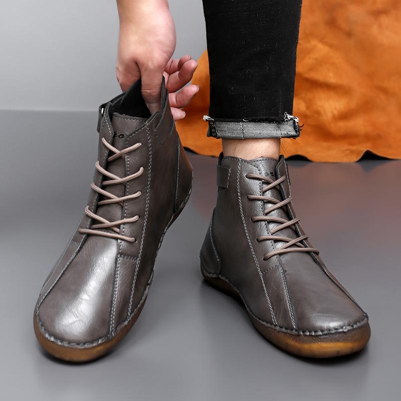 Men Handmade Leather Shoes Casual Hiking Boots Outdoor Black High Top Wide Palm Driving Shoes Large Size