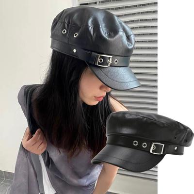 Women Newsboy Cap Ajustable Painter Hat Spring And Autumn Versatile Beret Retro Flat Top Visor Black Pu Leather Military Caps