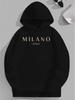Plus Size "Milano Italy" Graphic Hoodie - Casual Black Pullover with Golden Lettering