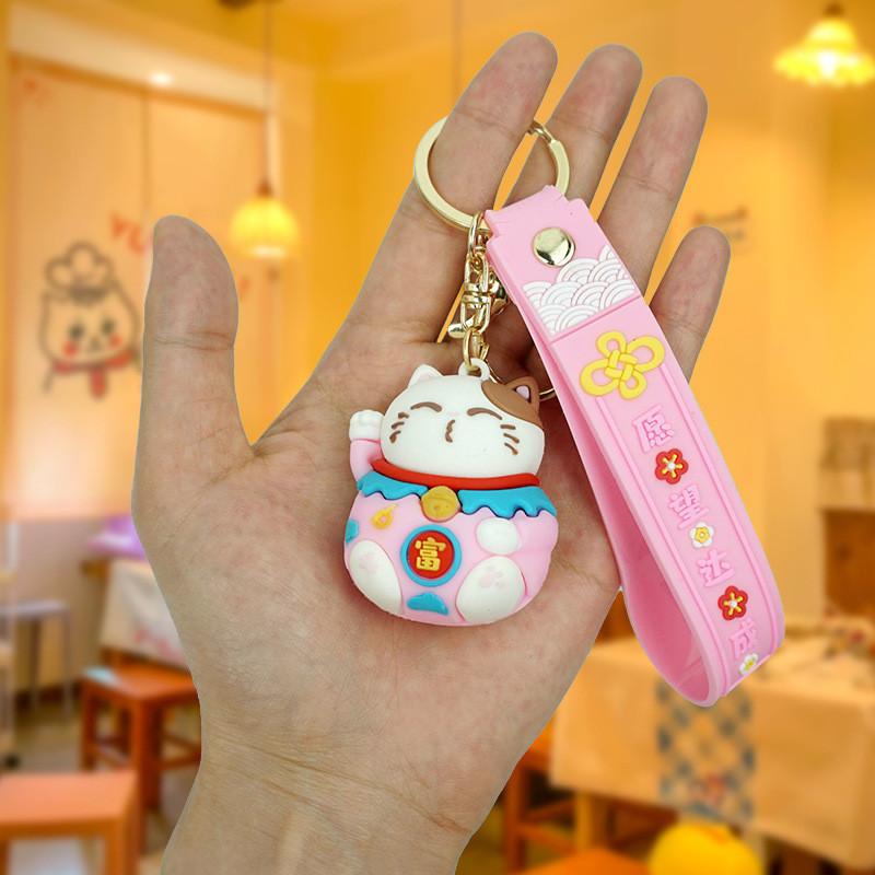 Adorable Cartoon Lucky Cat Keychain Pvc Rubber Car Key Accessory Cute Bag Charm Gift