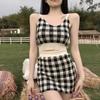 Women's Plaid Cropped Tops Sling V-Neck Short Skirt Two Piece Suit High Waist Split Mini Skirt Summer Tanks Skirt Suits