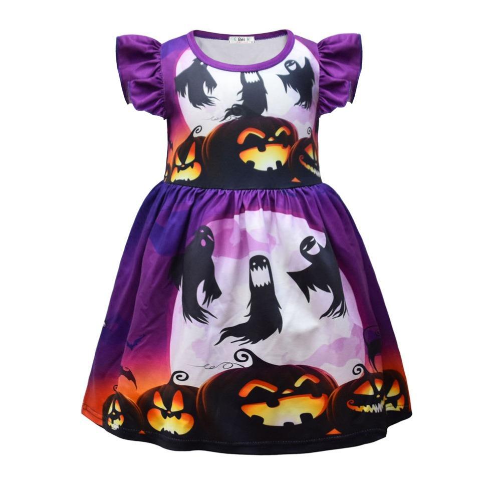 European And American Children'S Skirts Halloween Horror Night Children'S Dresses Short Ruffle Sleeves Girls Clothes Round Neck Evening Dresses